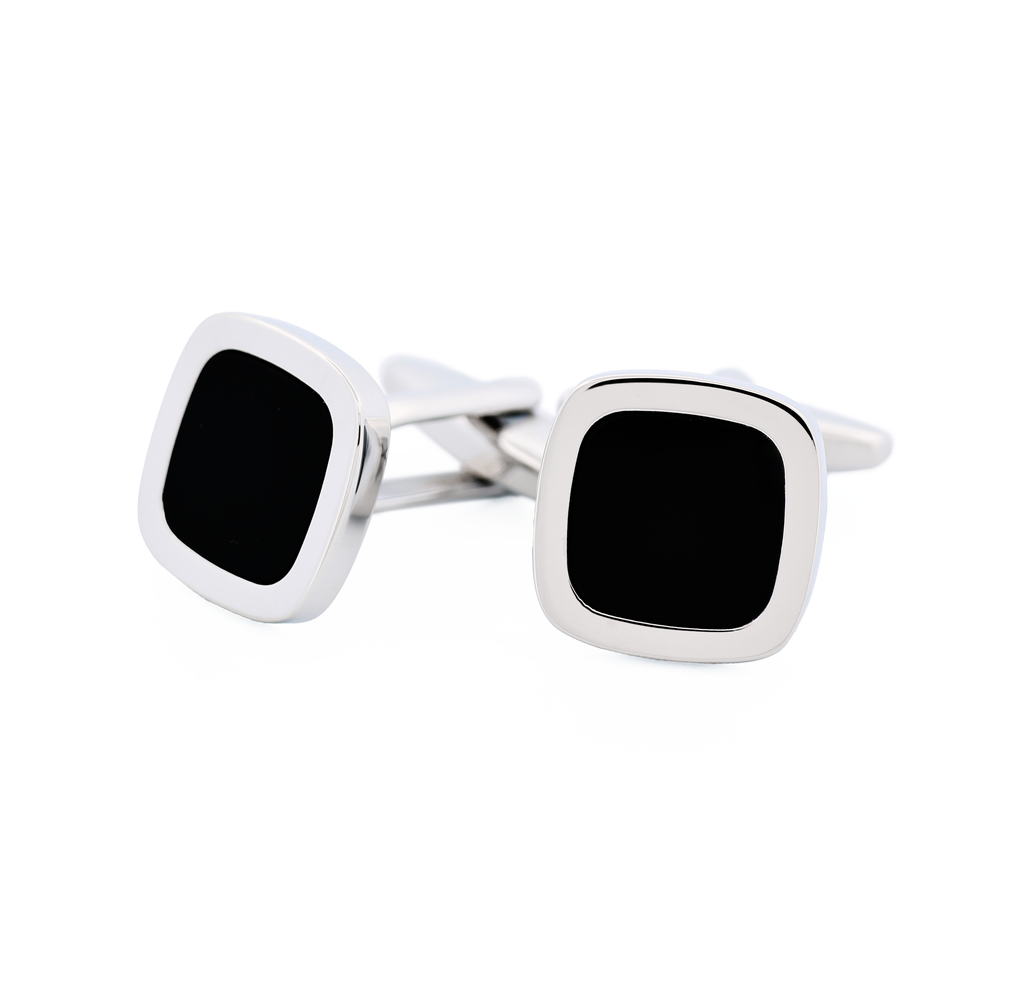 Rhodium plated/Black inlay Cushion shape Cufflinks