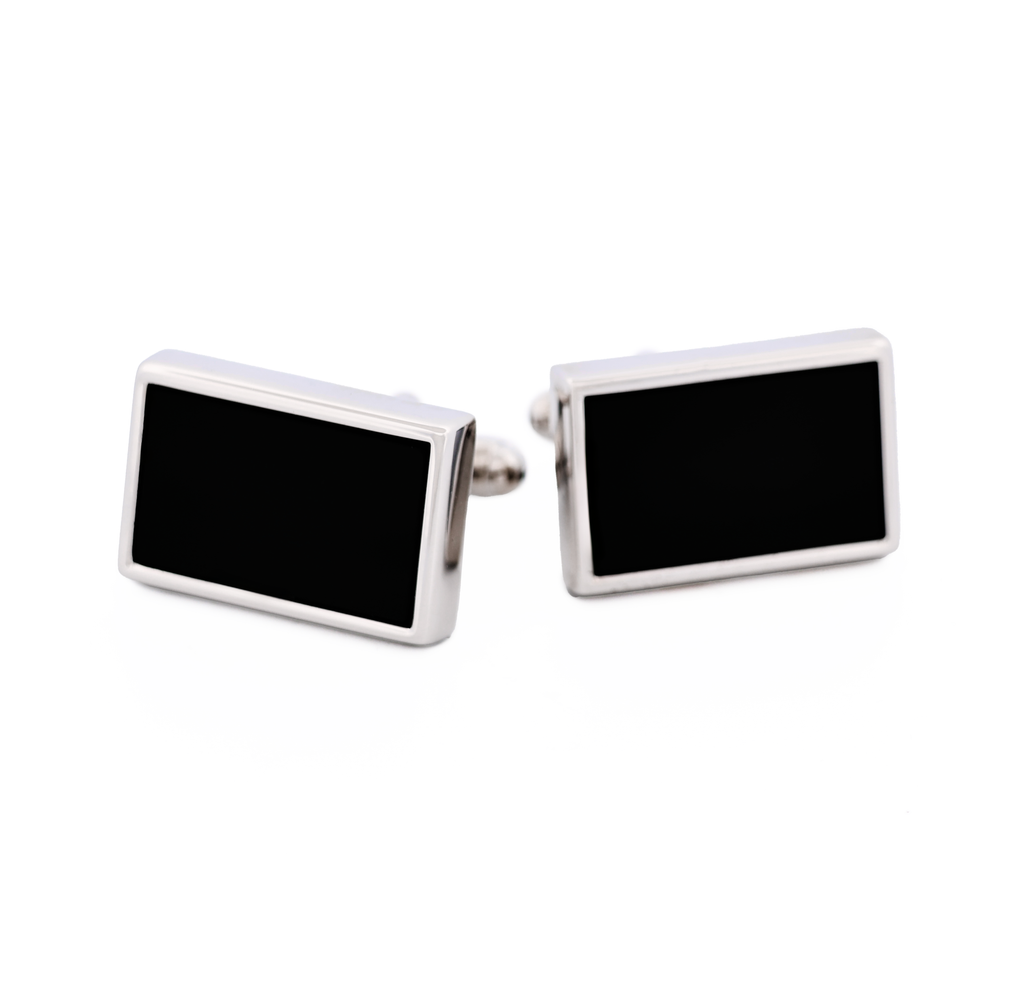 Rhodium Rectangle Black Cufflinks