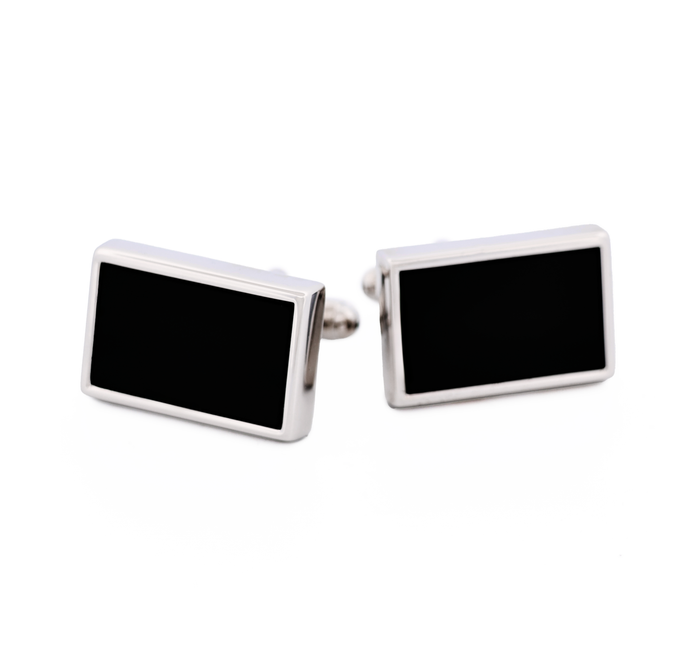 Rhodium Rectangle Black Cufflinks