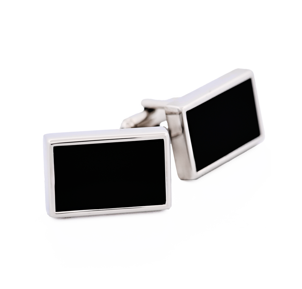 Rhodium Rectangle Black Cufflinks