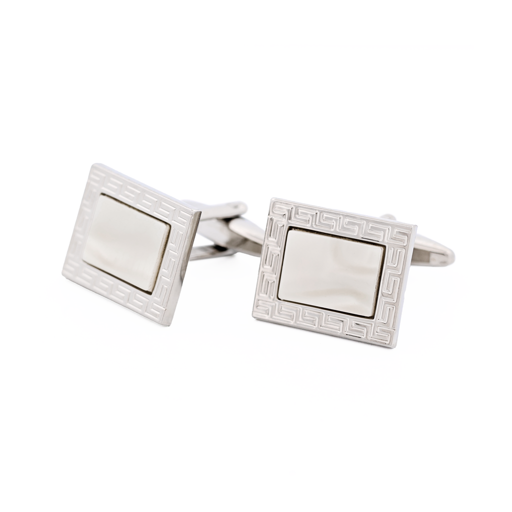 Rhodium Plated & White with Greek Key Pattered Cufflinks