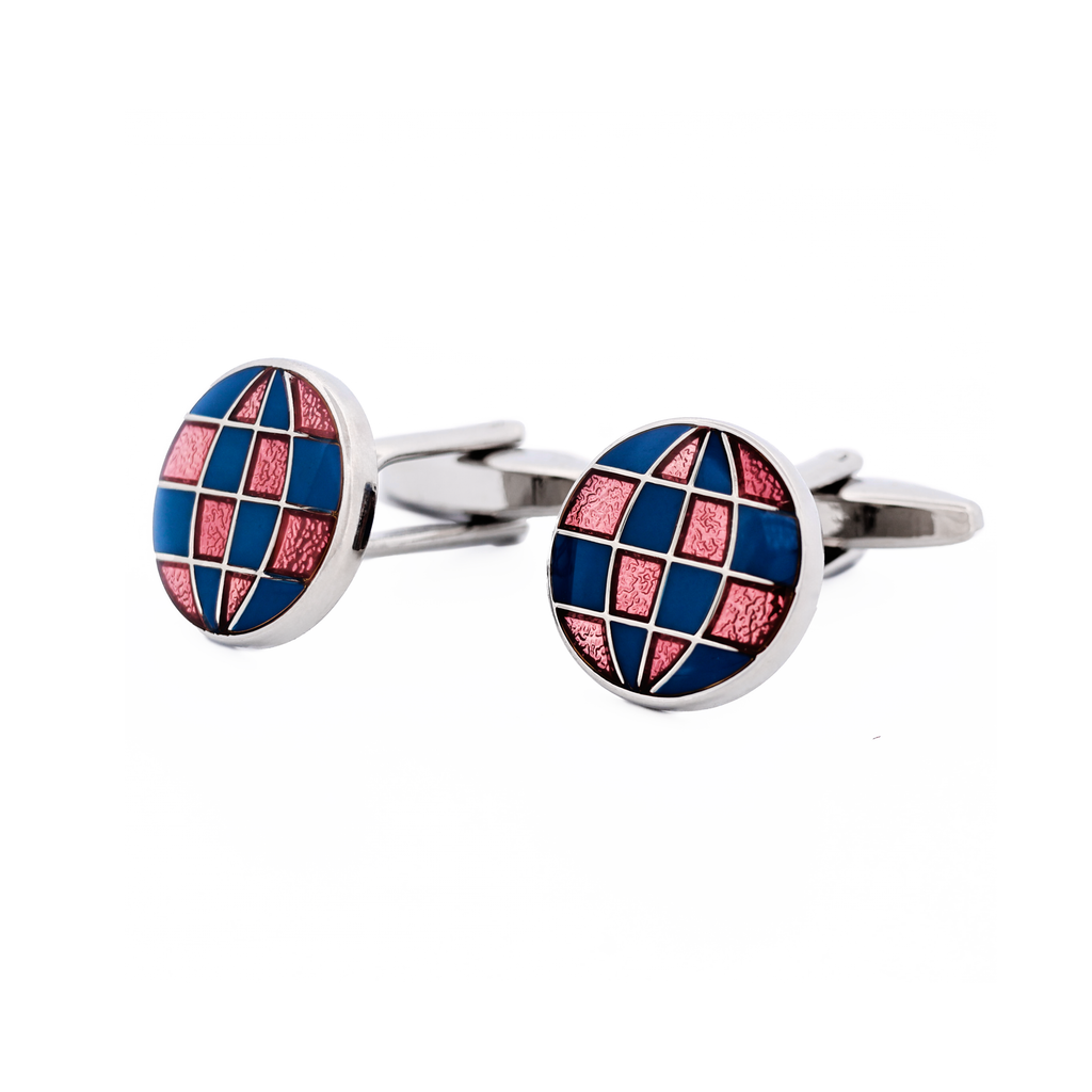 Polished Rhodium Plated Round Cufflinks with Blue & Red Enamel Checked Inlay