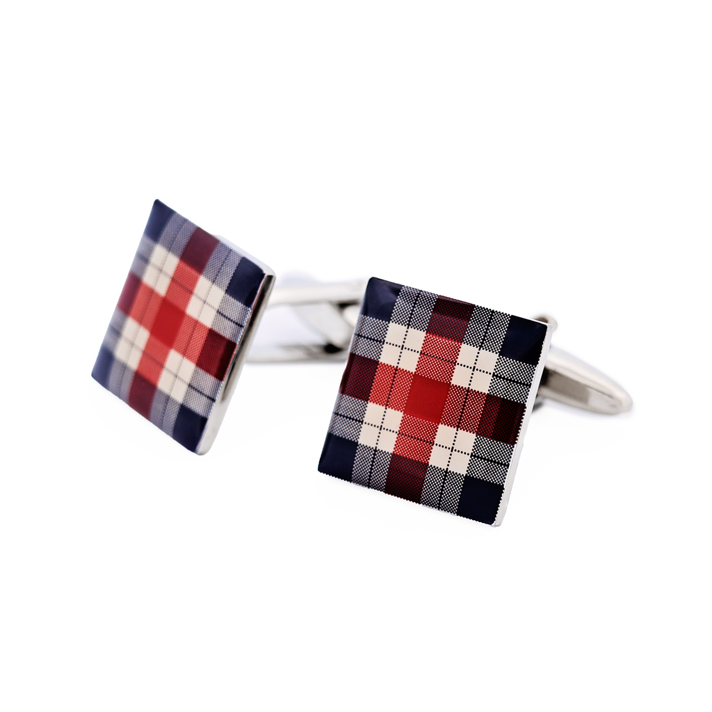 Polished Rhodium Plated Square Cufflinks with Red White & Blue Tartan Pattern Enamel