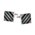 Polished Rhodium Plated Square Cufflinks with Black & Grey Diagonal Enamel Stripes