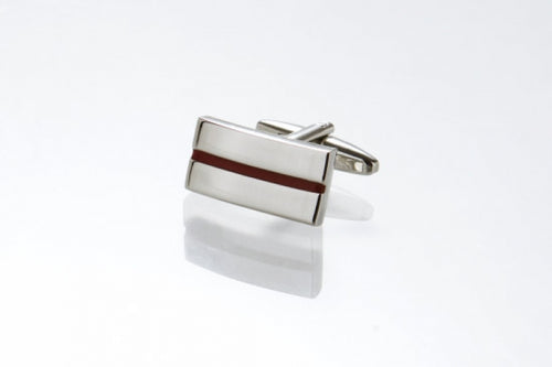 Brushed Rhodium Plated Rectangle Cufflinks with Red Centre Striped Enamel Inlay