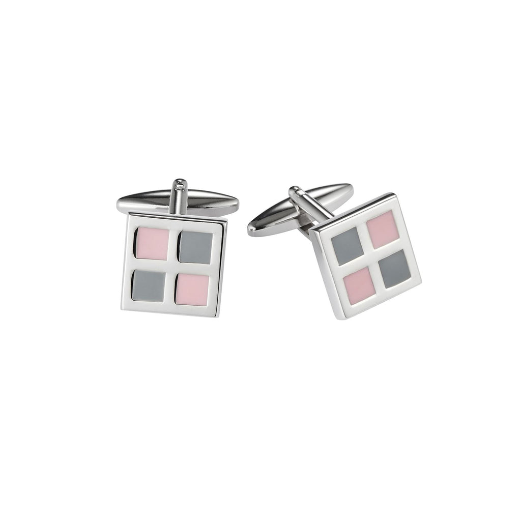 Polished Rhodium Plated Square Cufflinks with Pink & Grey Enamel Inlay