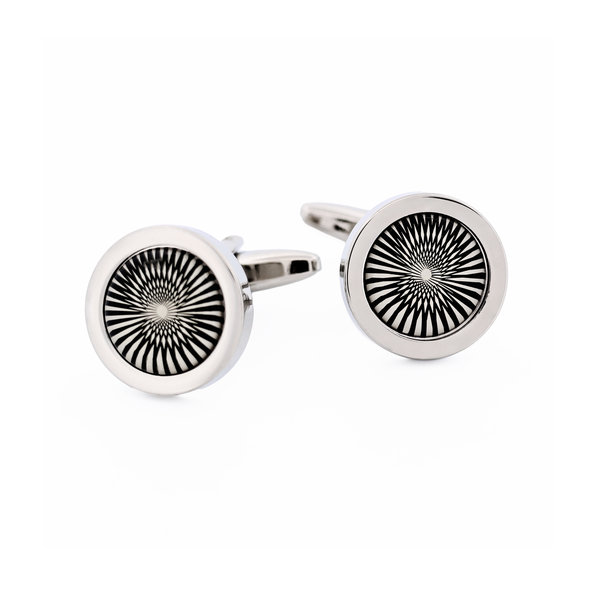 Rhodium Plated Round Cufflinks with Black & White Swirling Inlay