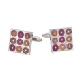 Polished Rhodium Plated Square Cufflinks with 9 Mauve To Purple Inlaid Circles