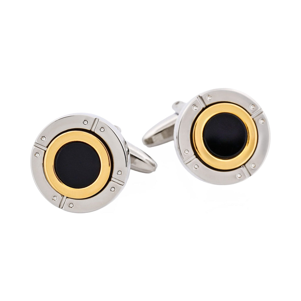 Rhodium & Gold Plated Black Enamel Round Cufflinks