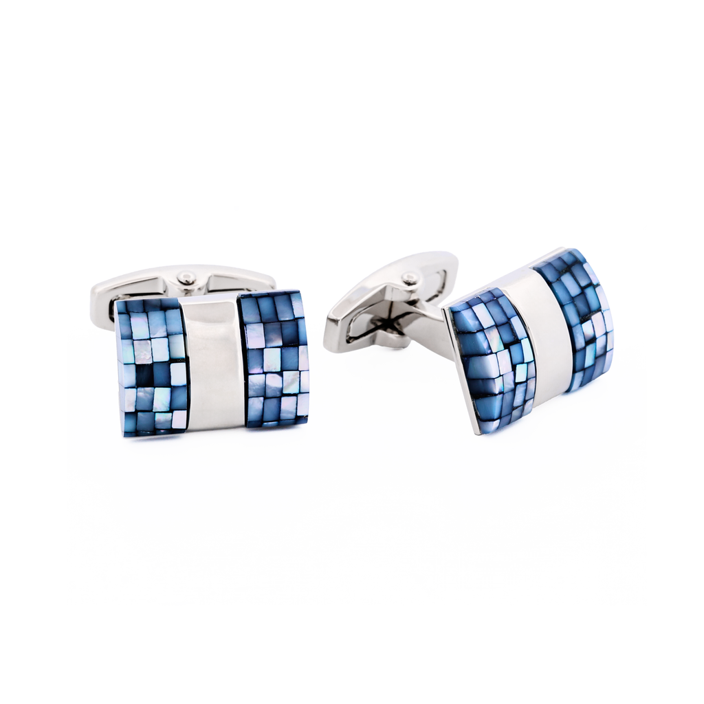 Rhodium Crackled Blue Mother Of Pearl Cufflinks