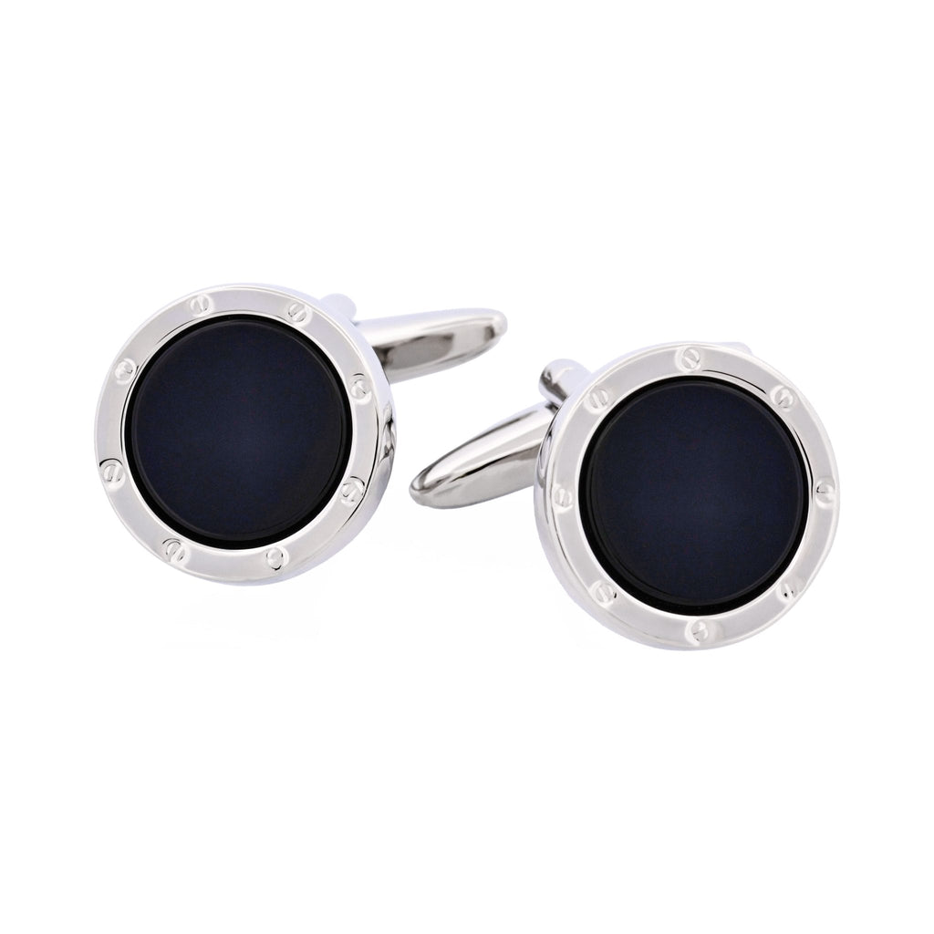 Rhodium Plated & Round Onyx Cufflinks with Screws
