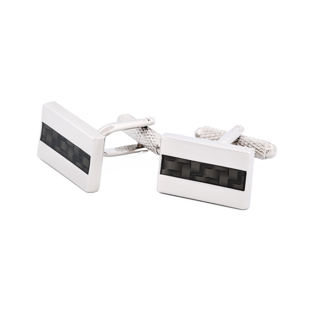 Rhodium Plated Rectangle Carbon Fibre Inlay Cufflinks