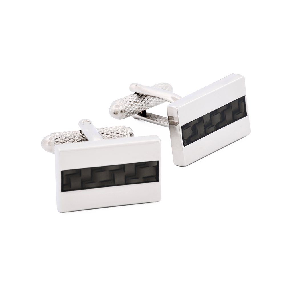 Rhodium Plated Rectangle Carbon Fibre Inlay Cufflinks