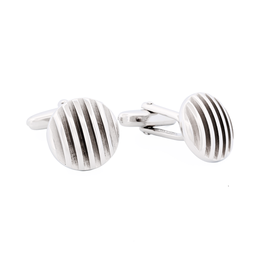 Rhodium Plated Self Striped 3d Round Cufflinks
