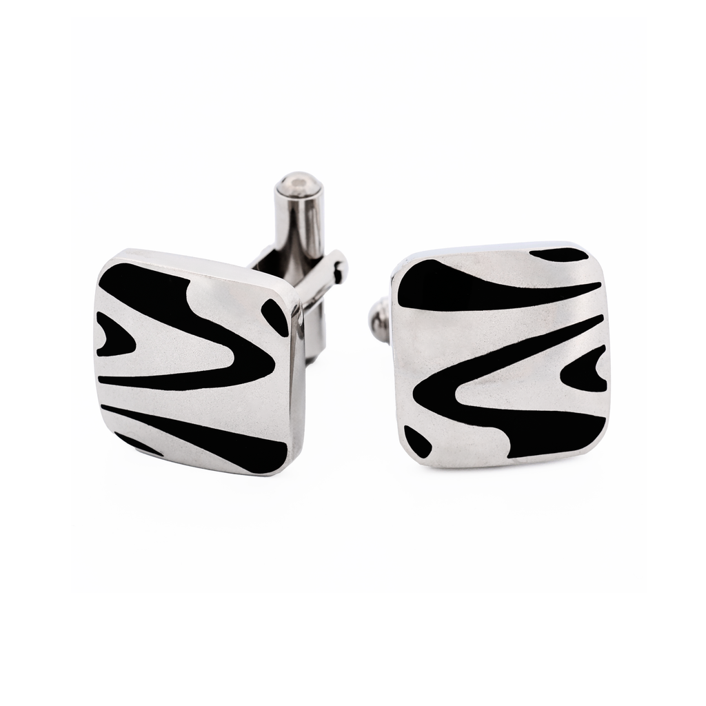 Polished Cushion-Shape Stainless Steel with Black Enamel Swirl Cufflinks