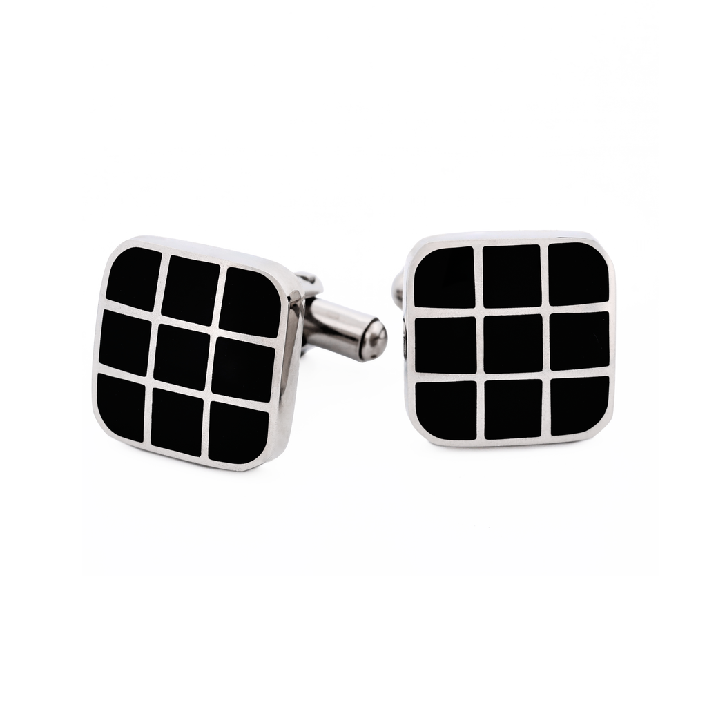 Polished Cushion-Shape Stainless Steel with Black Enamel Grid Cufflinks