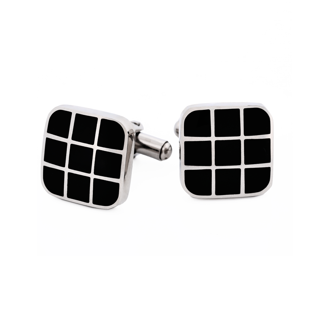 Polished Cushion-Shape Stainless Steel with Black Enamel Grid Cufflinks
