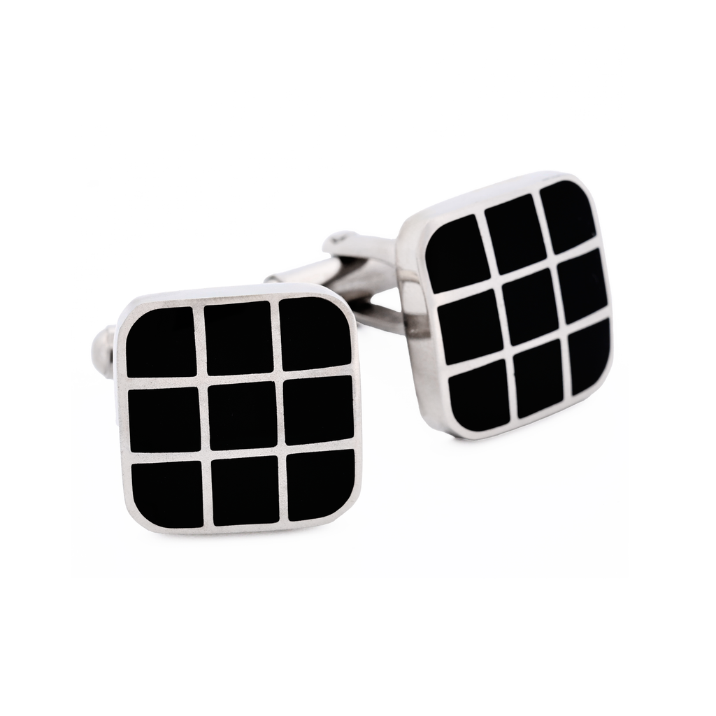 Polished Cushion-Shape Stainless Steel with Black Enamel Grid Cufflinks