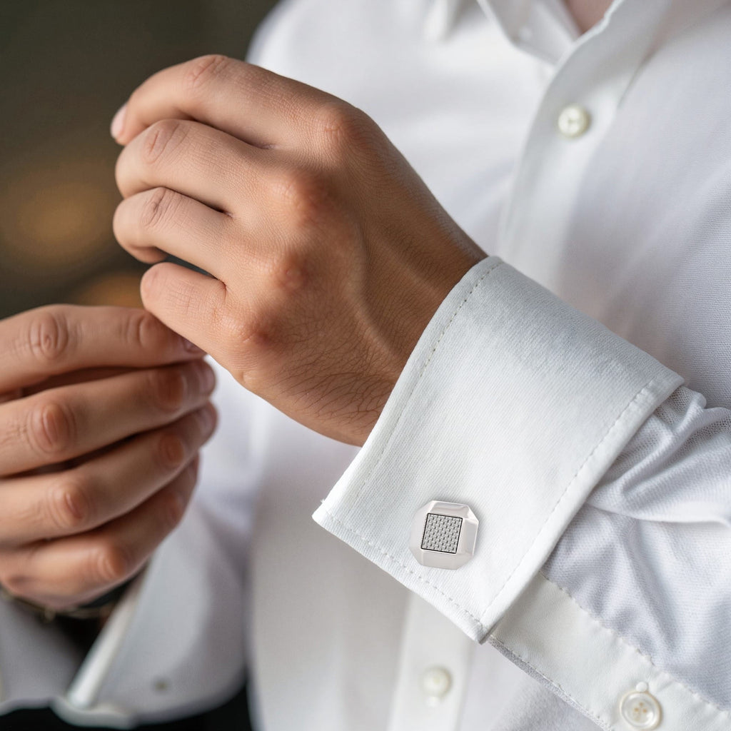 Polished Octagonal Stainless Steel & Silver Fibreglass Cufflinks