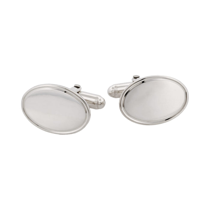 Polished Sterling Silver Oval Cufflinks with Engine Turn line border