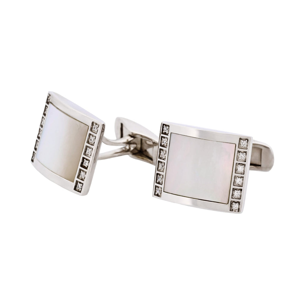 Rhodium Plated Sterling Silver Cufflinks with Square Mother Of Pearl Inlay & Cubic Zirconia Edges