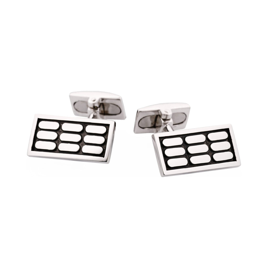 Polished Rhodium Plated Sterling Silver & Black Enamel Rectangle Cufflinks with Vertical Tile Pattern