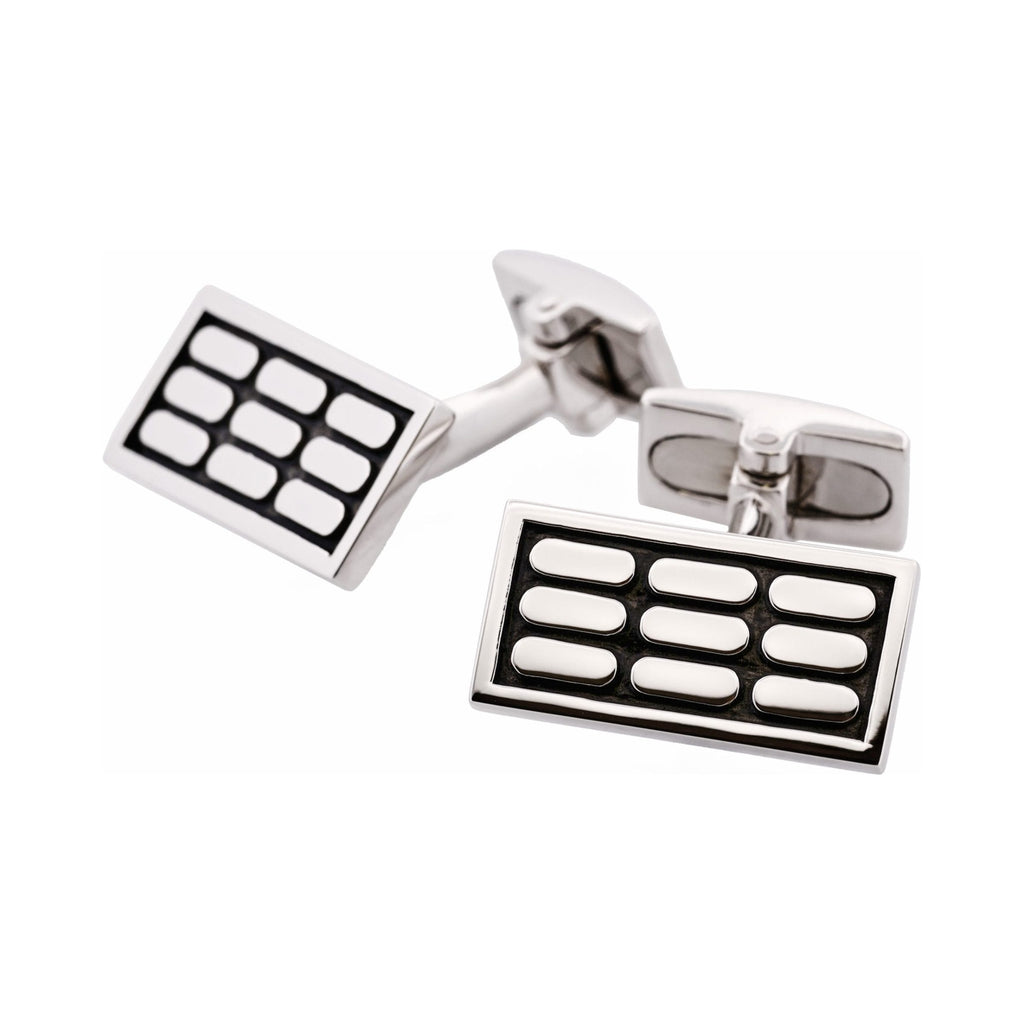 Polished Rhodium Plated Sterling Silver & Black Enamel Rectangle Cufflinks with Vertical Tile Pattern