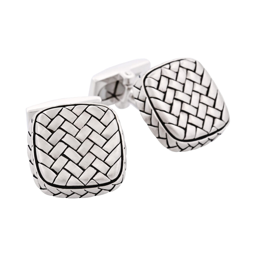 Rhodium Plated Sterling Silver Cushion Shape Weave Cufflinks