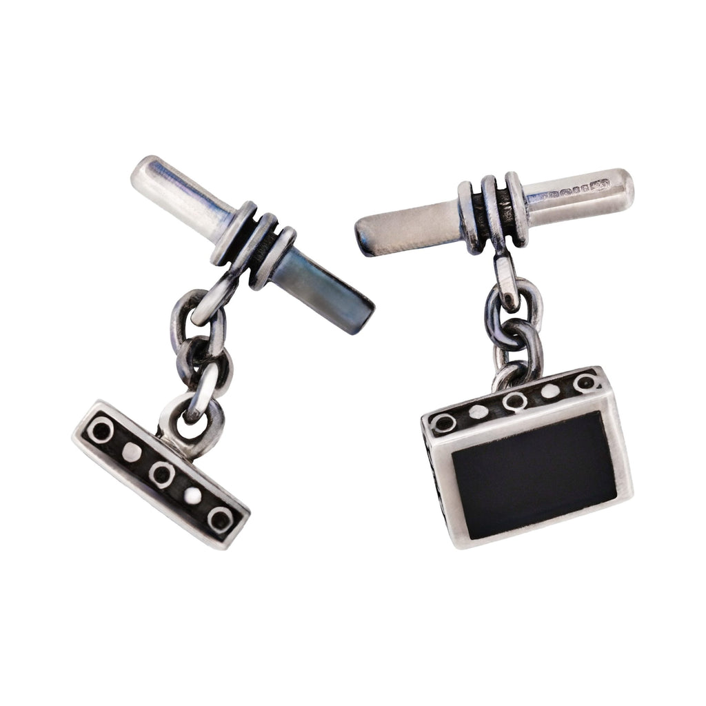 Square Sterling Silver Cufflinks with Onyx Inlay on T-Bar & Chain