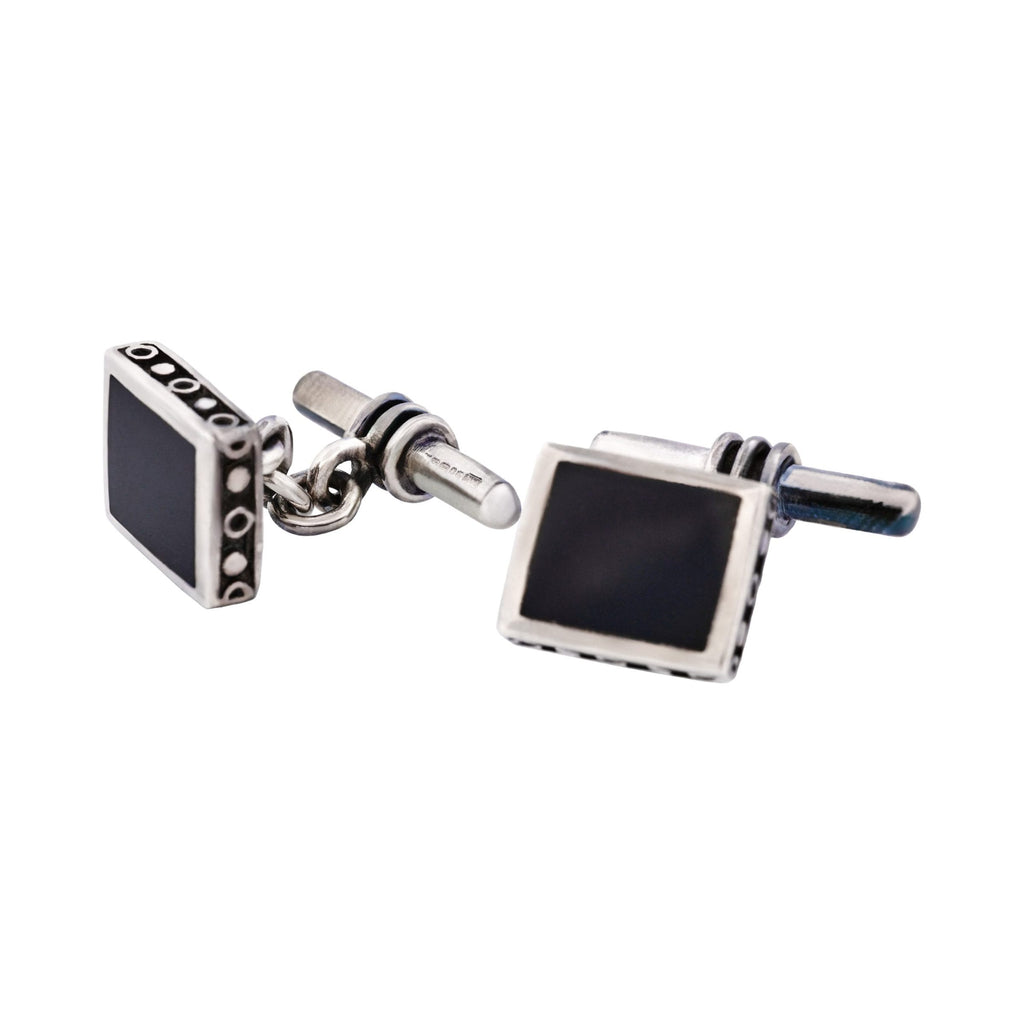 Square Sterling Silver Cufflinks with Onyx Inlay on T-Bar & Chain