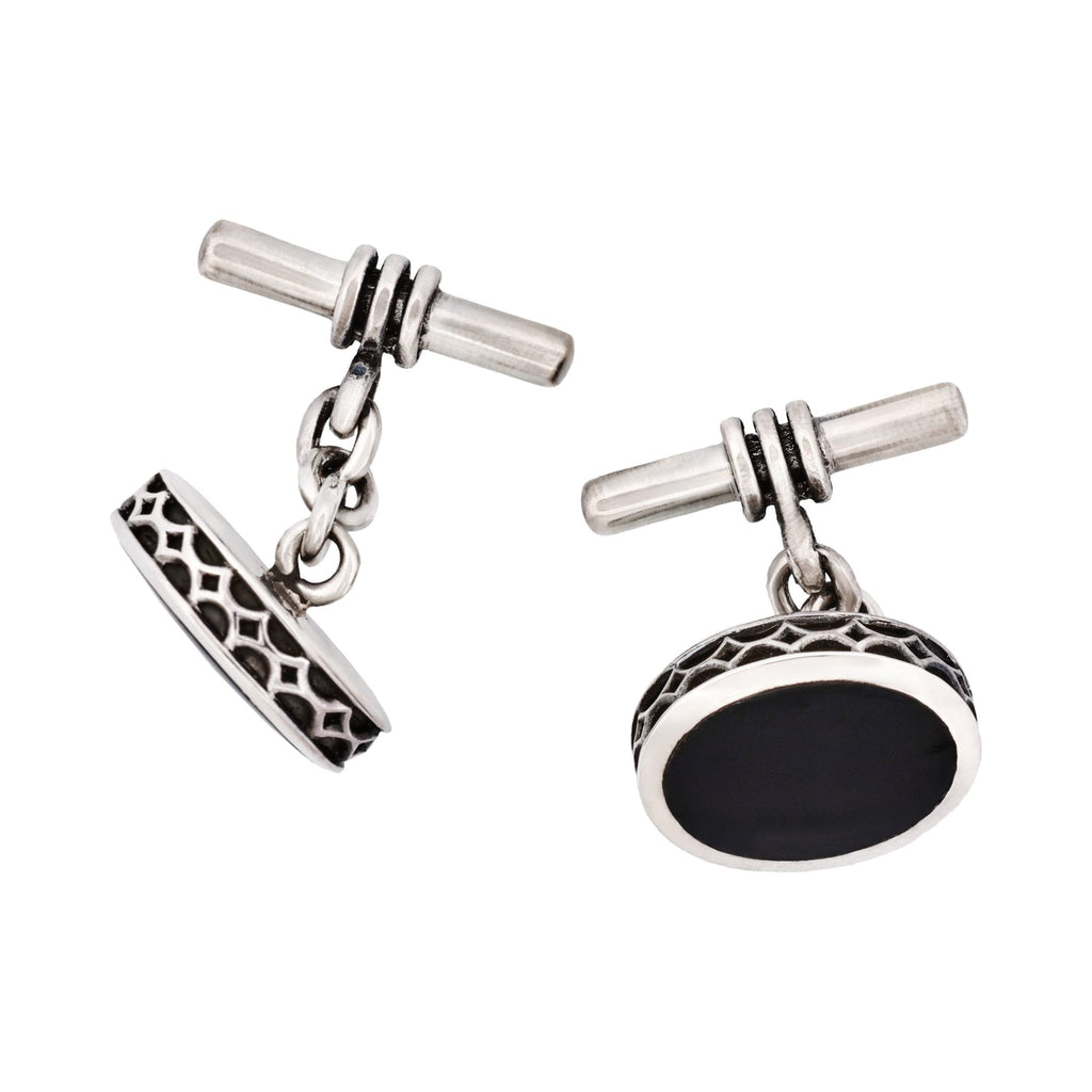 Sterling Silver Oval Cufflinks with Onyx Inlay & Vintage Edge on Chain