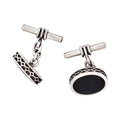 Sterling Silver Oval Cufflinks with Onyx Inlay & Vintage Edge on Chain