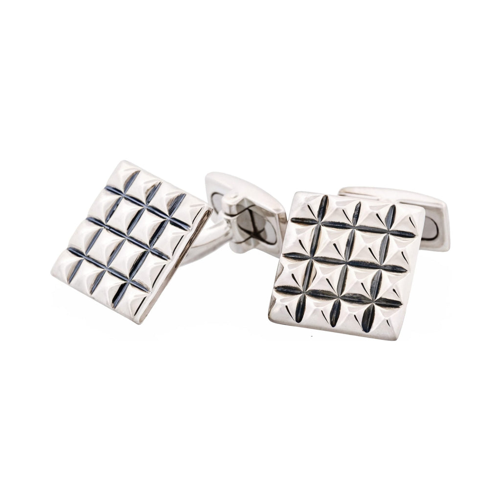 Polished Rhodium Plated Sterling Silver Square Cufflinks with Textured Grid Pattern