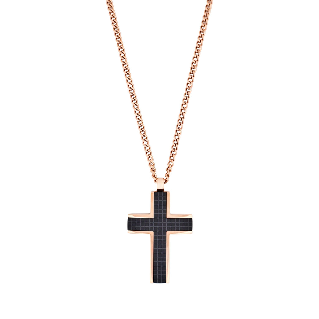 Ion Plated Rose Gold & Black Chequered Inlay Cross OnIon Plated Rose Gold Curbed Link Chain