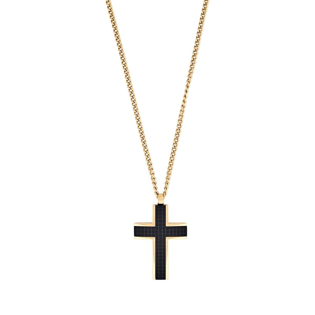 Ion Plated 14k Gold & Black Chequered Inlay Cross OnIon Plated Gold Curbed Link Chain
