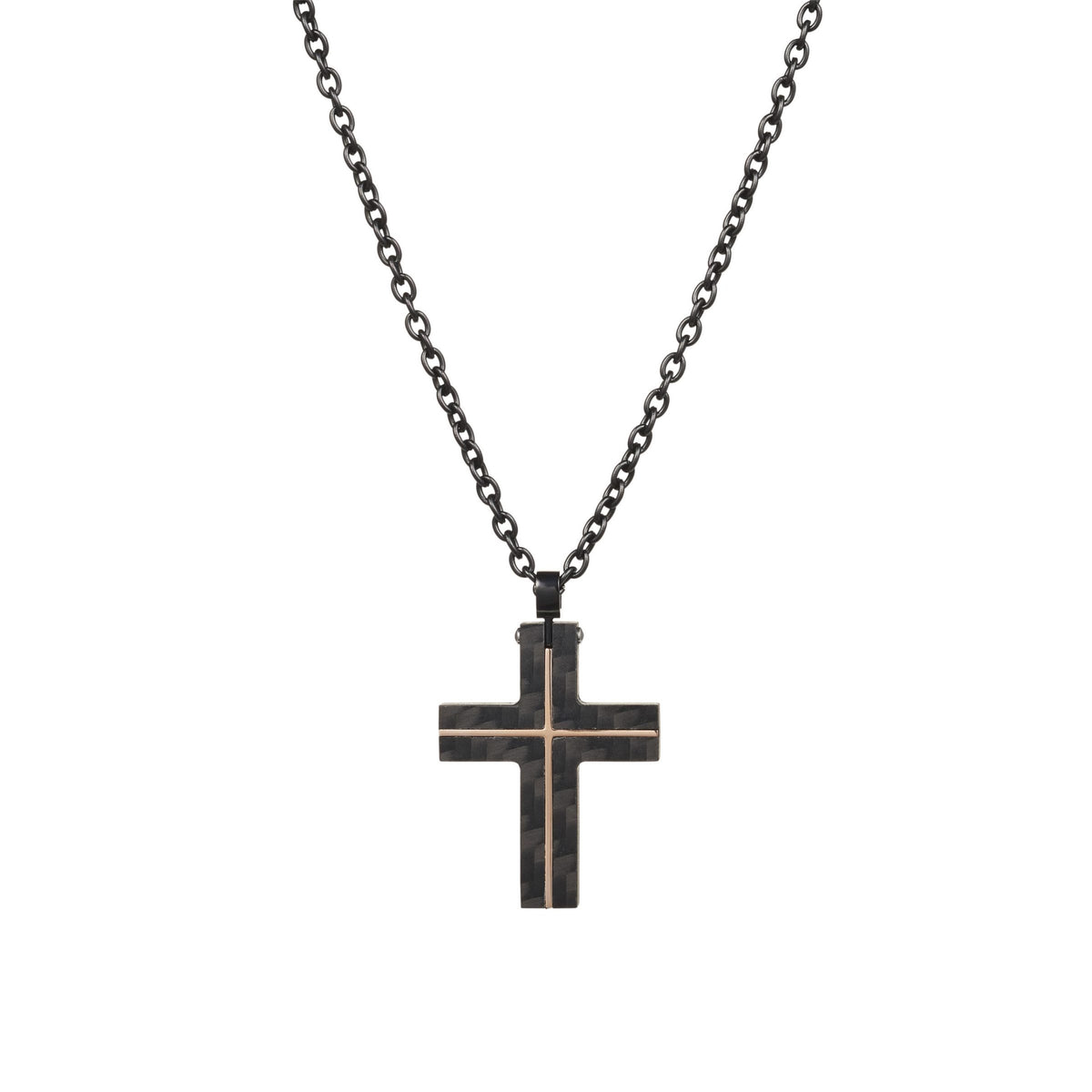 Carbon Fibre Cross with Ion Plated Rose Gold Lines & Ion Plated Black 55cm Chain