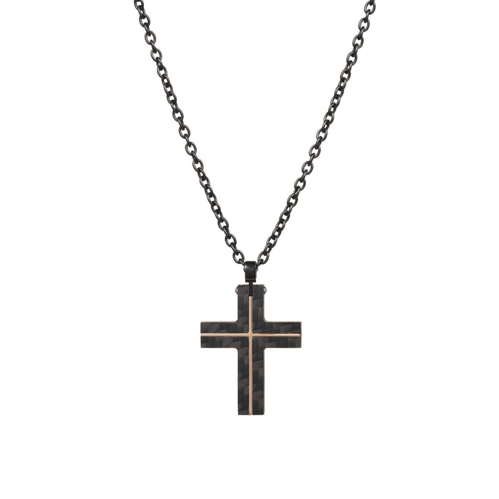 Carbon Fibre Cross with Ion Plated Rose Gold Lines & Ion Plated Black 55cm Chain