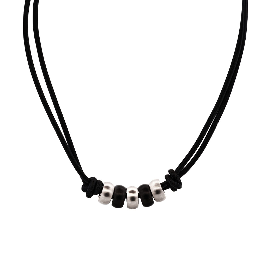 Steel Ion Plated Black Beaded/Leather Pendant