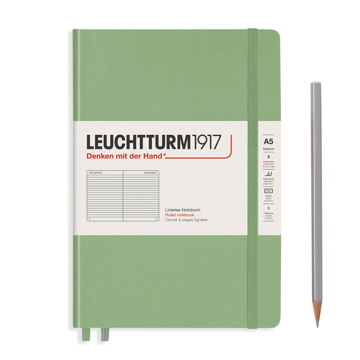 Notebook Medium (A5) Ruled, Hardcover, 251 Numbered Pages, Muted Colours - Sage
