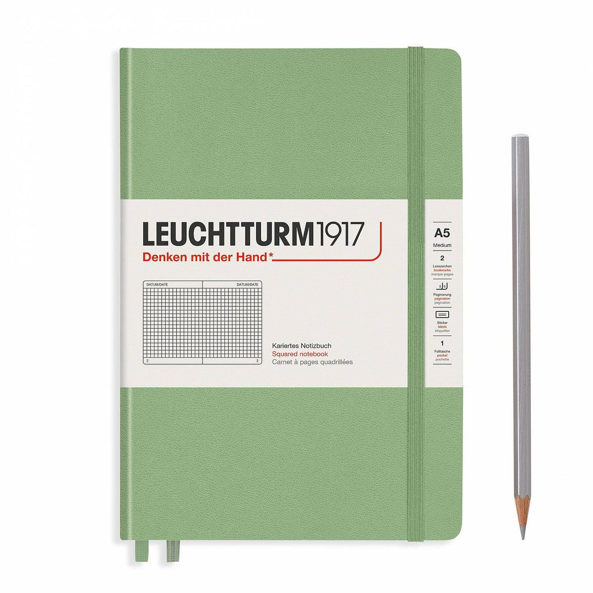 Notebook Medium (A5) Squared, Hardcover, 251 Numbered Pages, Muted Colours - Sage