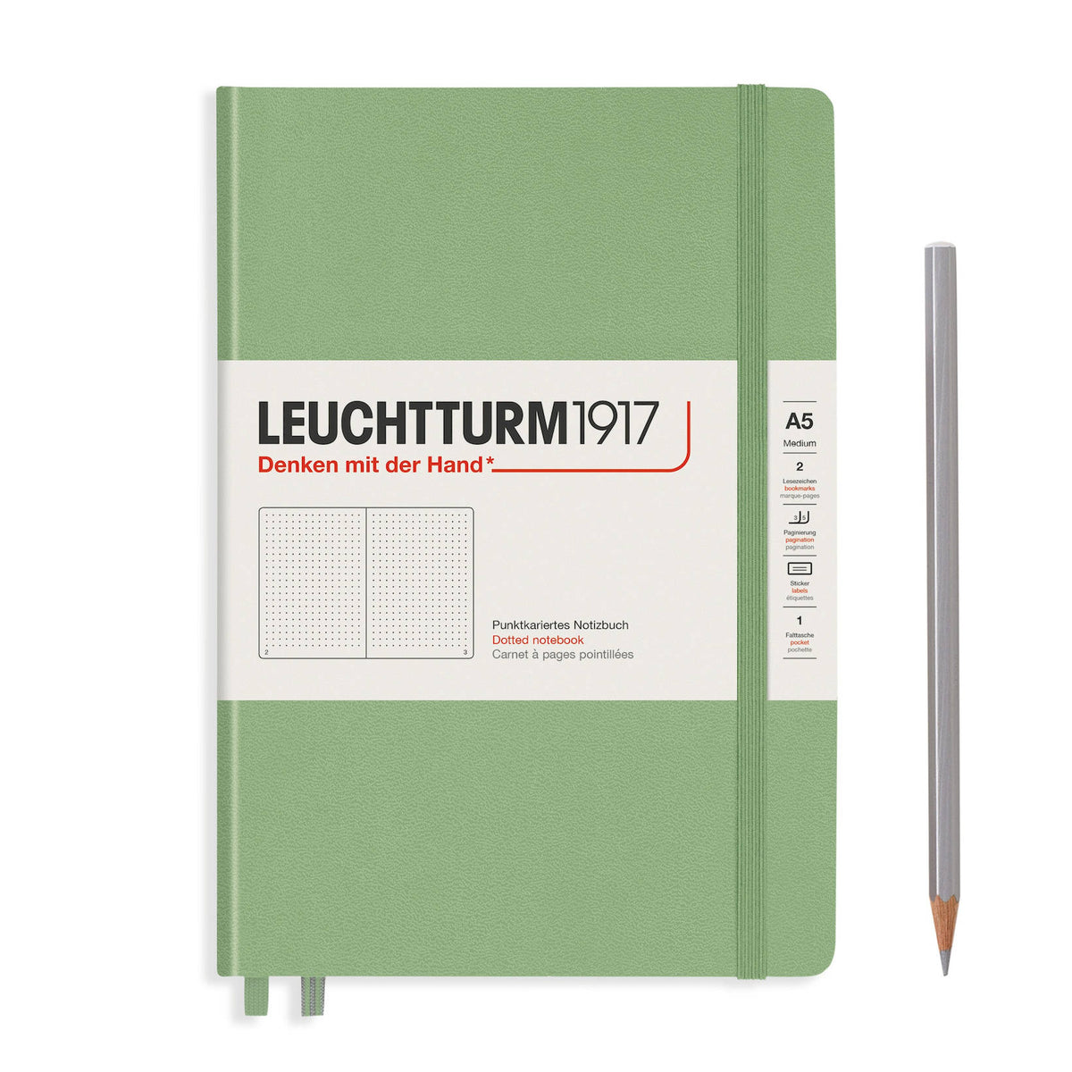 Notebook Medium (A5) Dotted, Hardcover, 251 Numbered Pages, Muted Colours - Sage