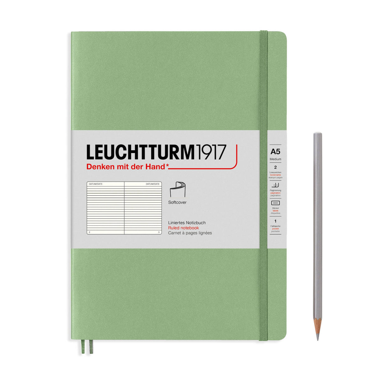 Notebook Medium (A5) Ruled, Softcover, 123 Numbered Pages, Muted Colours - Sage