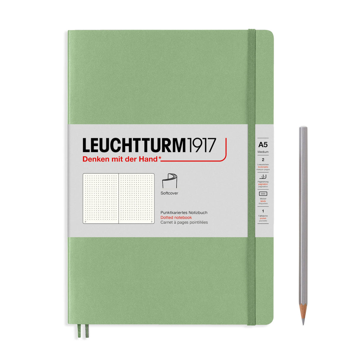 Notebook Medium (A5) Dotted, Softcover, 123 Numbered Pages, Muted Colours - Sage