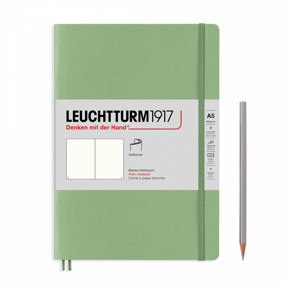 Notebook Medium (A5) Plain, Softcover, 123 Numbered Pages, Muted Colours - Sage