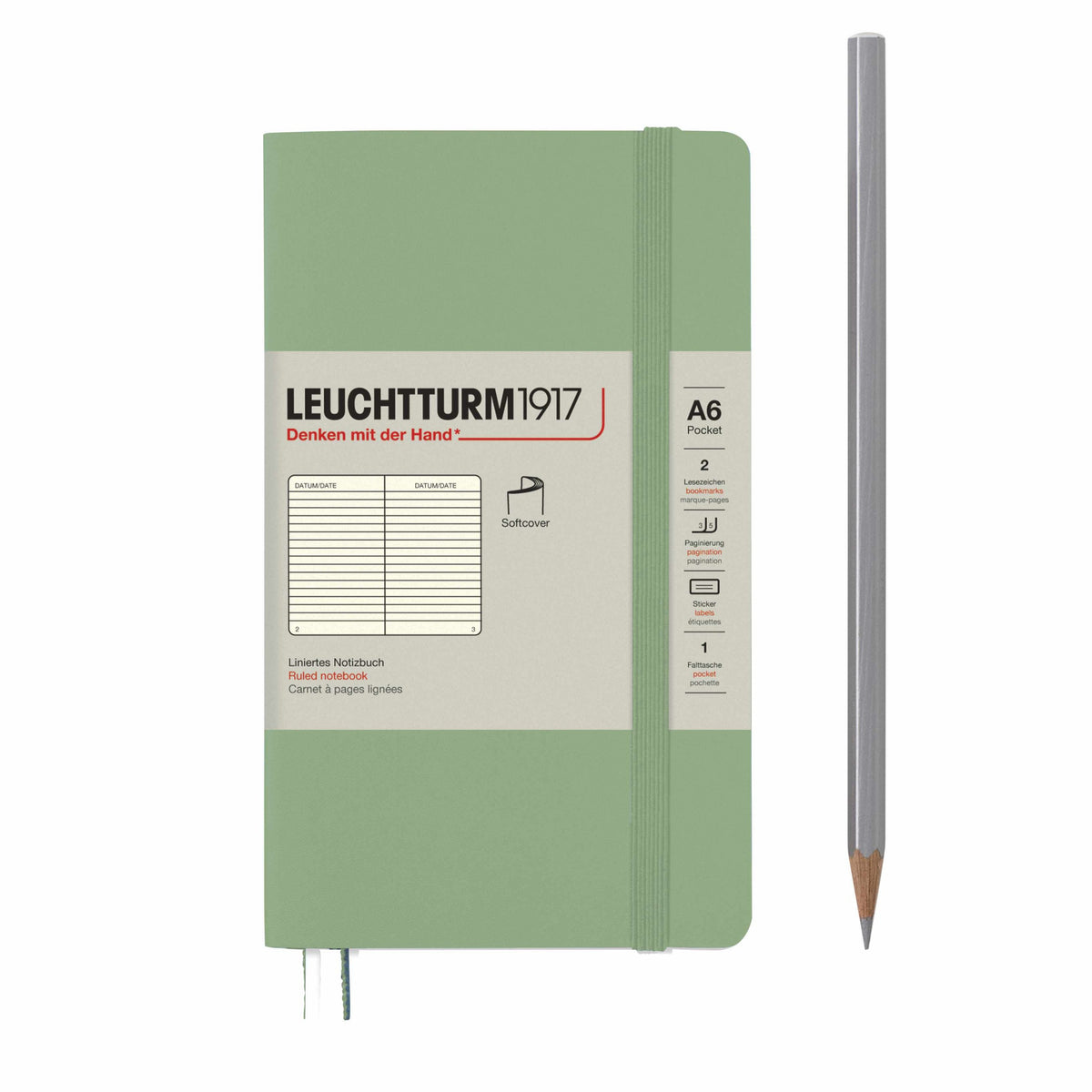 Notebook Softcover Pocket (A6), 123 pages, Ruled, Sage