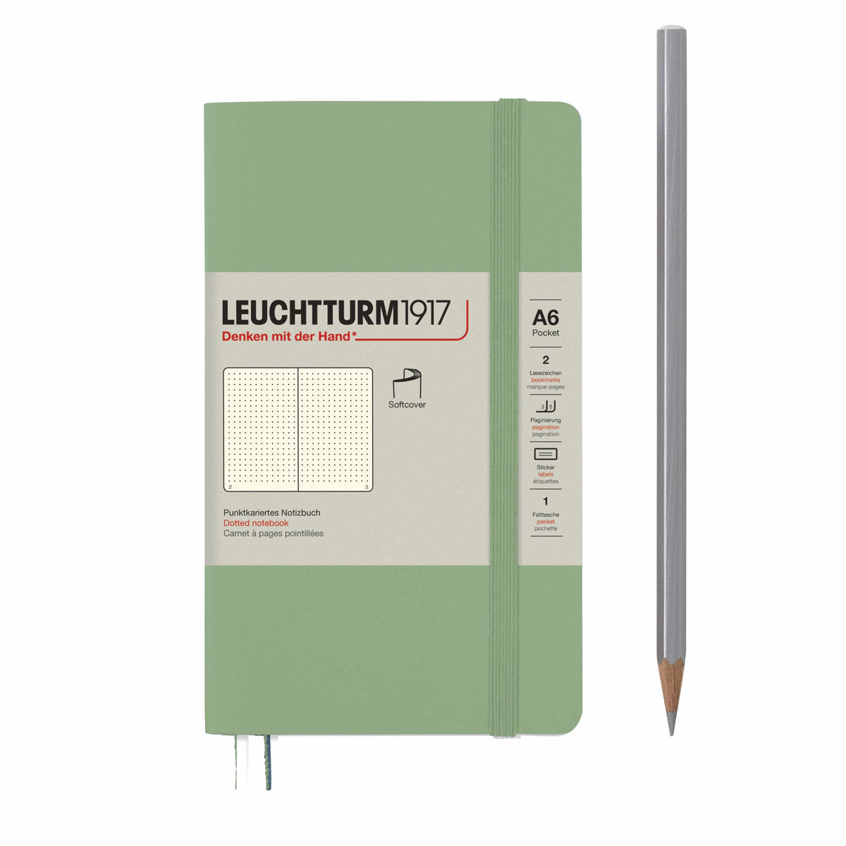 Notebook Softcover Pocket (A6), 123 pages, Dotted, Sage