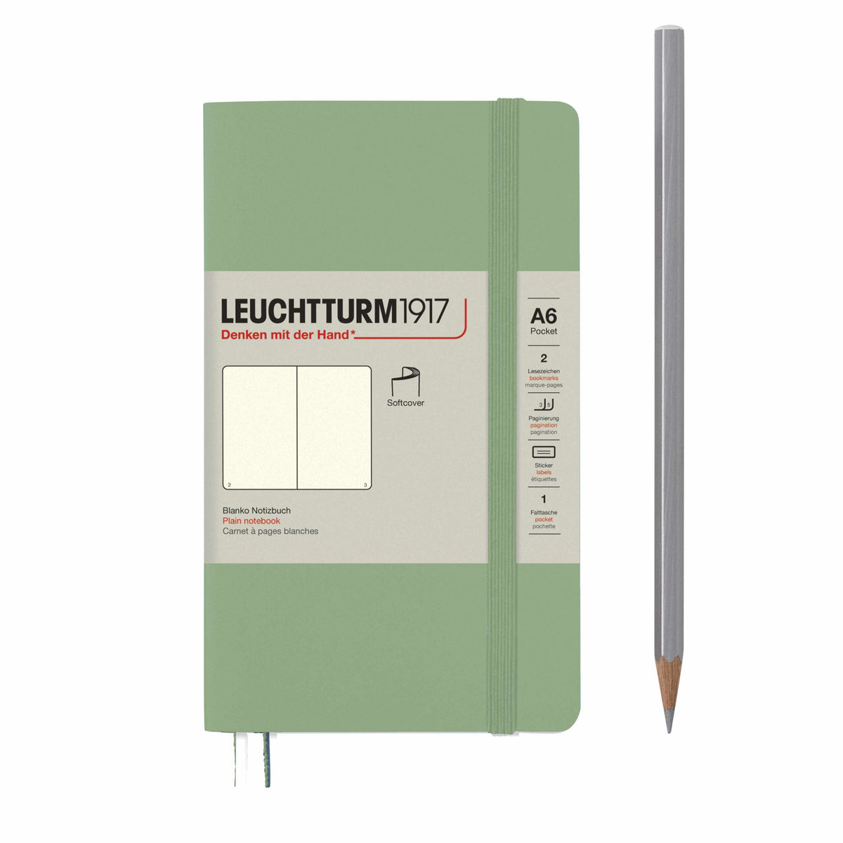 Notebook Softcover Pocket (A6), 123 pages, Plain, Sage