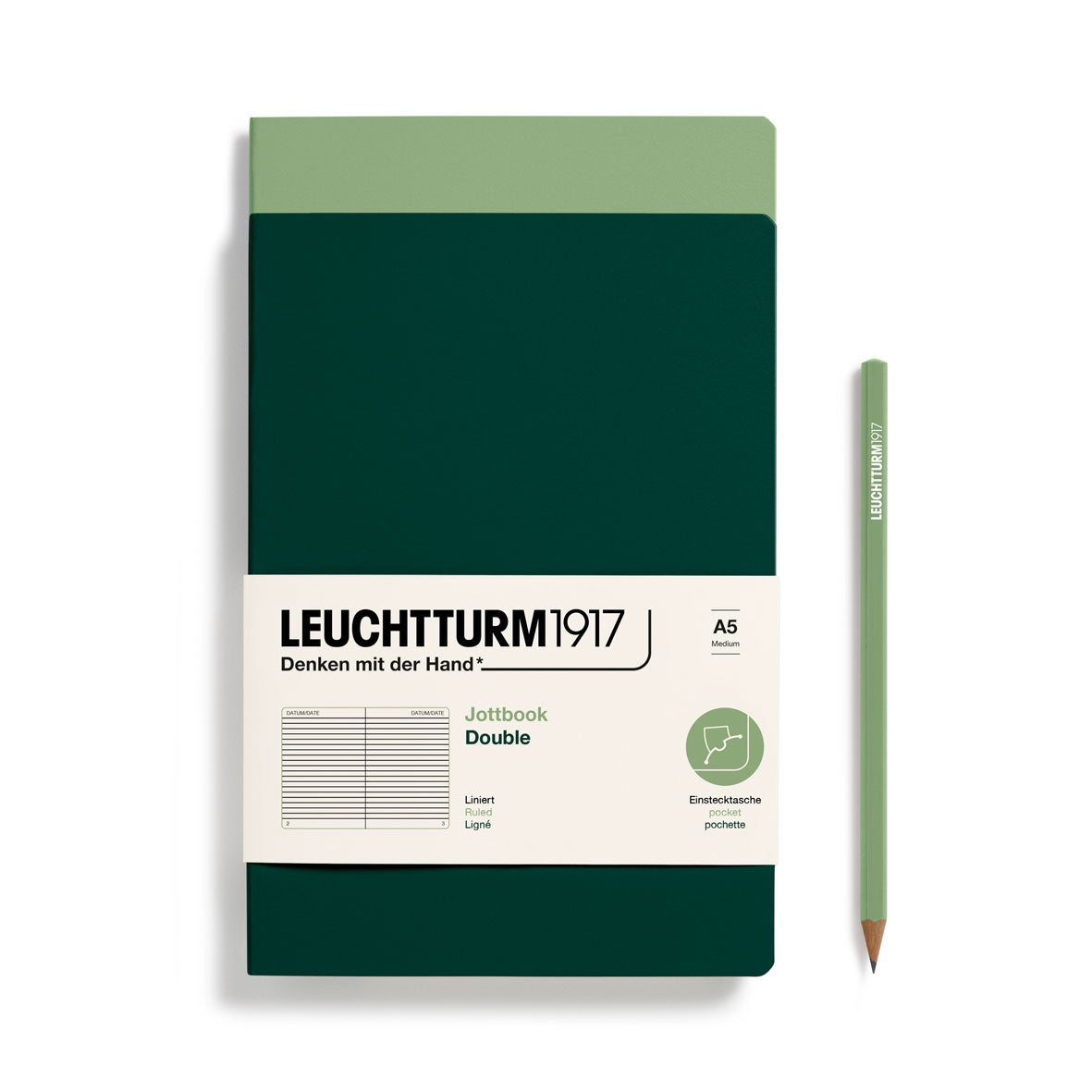 Jottbook (A5) Sage and Forest Green, Ruled, double pack