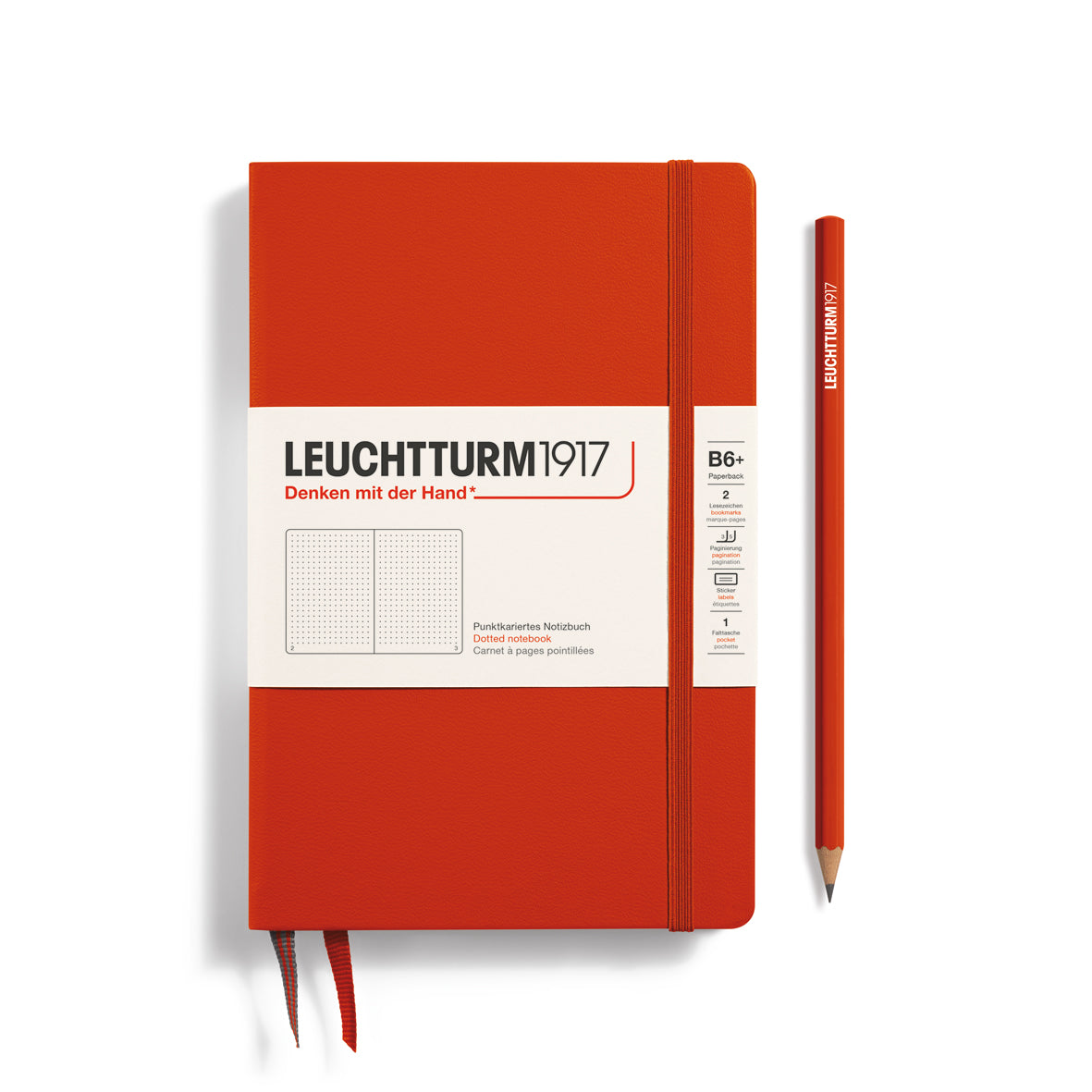 Notebook Hardcover Paperback (B6+), Dotted, 219 pages, Fox Red