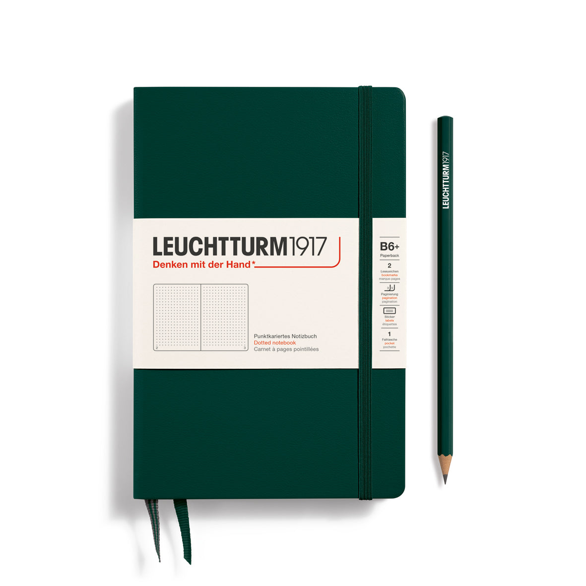 Notebook Hardcover Paperback (B6+), Dotted, 219 pages, Forest Green